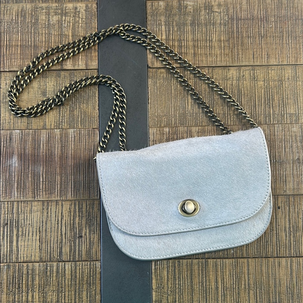 Anthropologie silver gray calf hair suede chain link crossbody purse